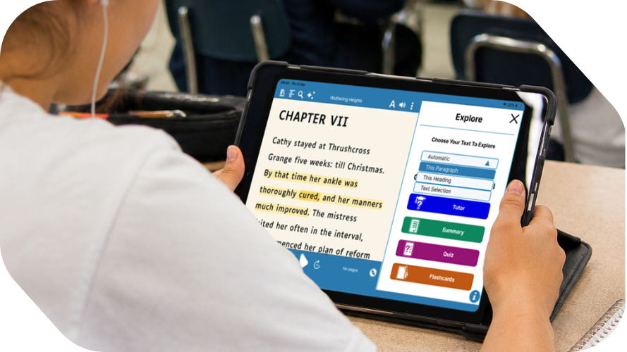 High school student holding an ipad with EasyReader Explore Tools displayed